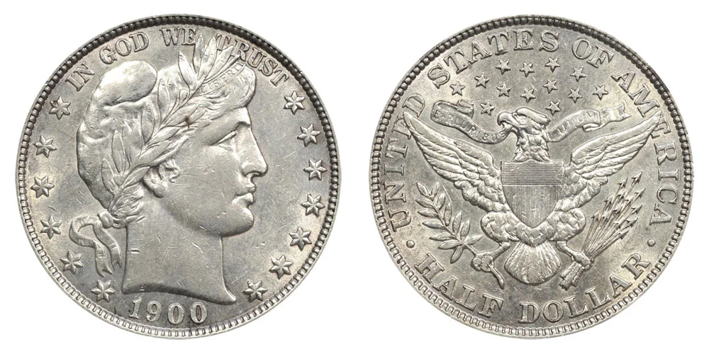 1900 Barber Half Dollar obverse and reverse showing Liberty head design and eagle reverse