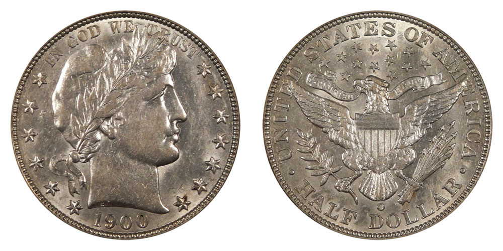 Side-by-side comparison: 1900 Philadelphia half dollar reverse (no mint mark) vs 1900-O reverse showing O mint mark above DOLLAR