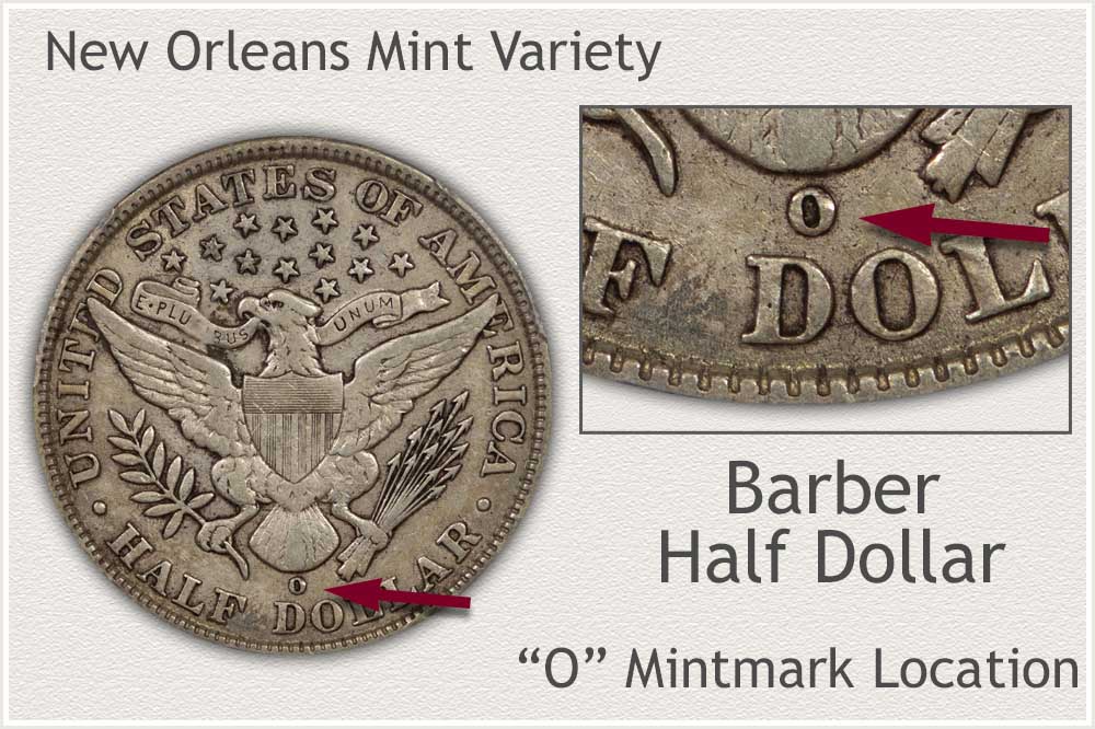 1900-O Barber Half Dollar reverse close-up showing New Orleans O mint mark above DOLLAR