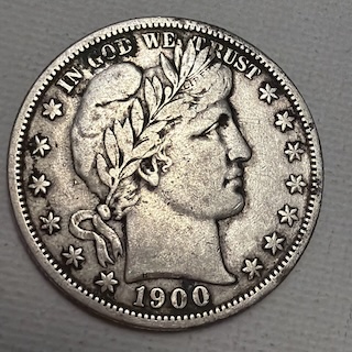 1900 Barber Half Dollar obverse die clash showing ghost impression of reverse eagle design