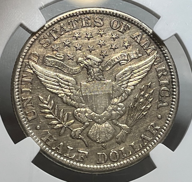 1900-S Barber Half Dollar obverse showing prooflike reflective fields from fresh San Francisco dies
