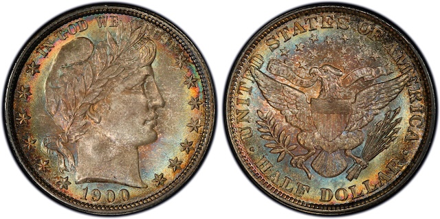 Group of 1900 Barber Half Dollar coins in various conditions alongside historical mint building reference