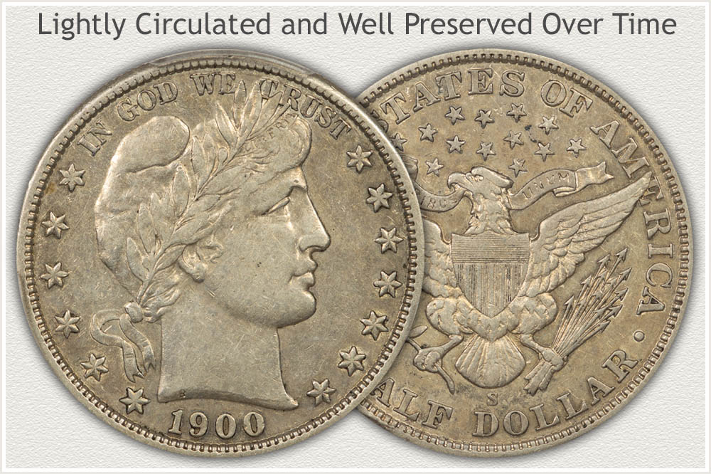 1900 Barber Half Dollar grading strip showing four specimens from Good to Mint State condition